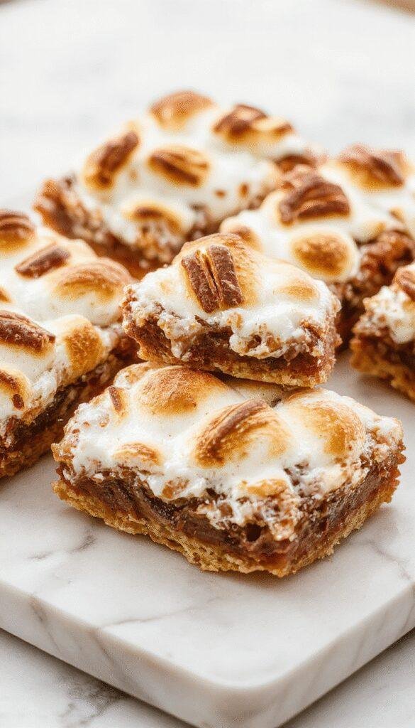 A plate of Campfire S'mores Bars with toasted marshmallows, melted chocolate, and graham cracker crust, perfect for sharing around a campfire.