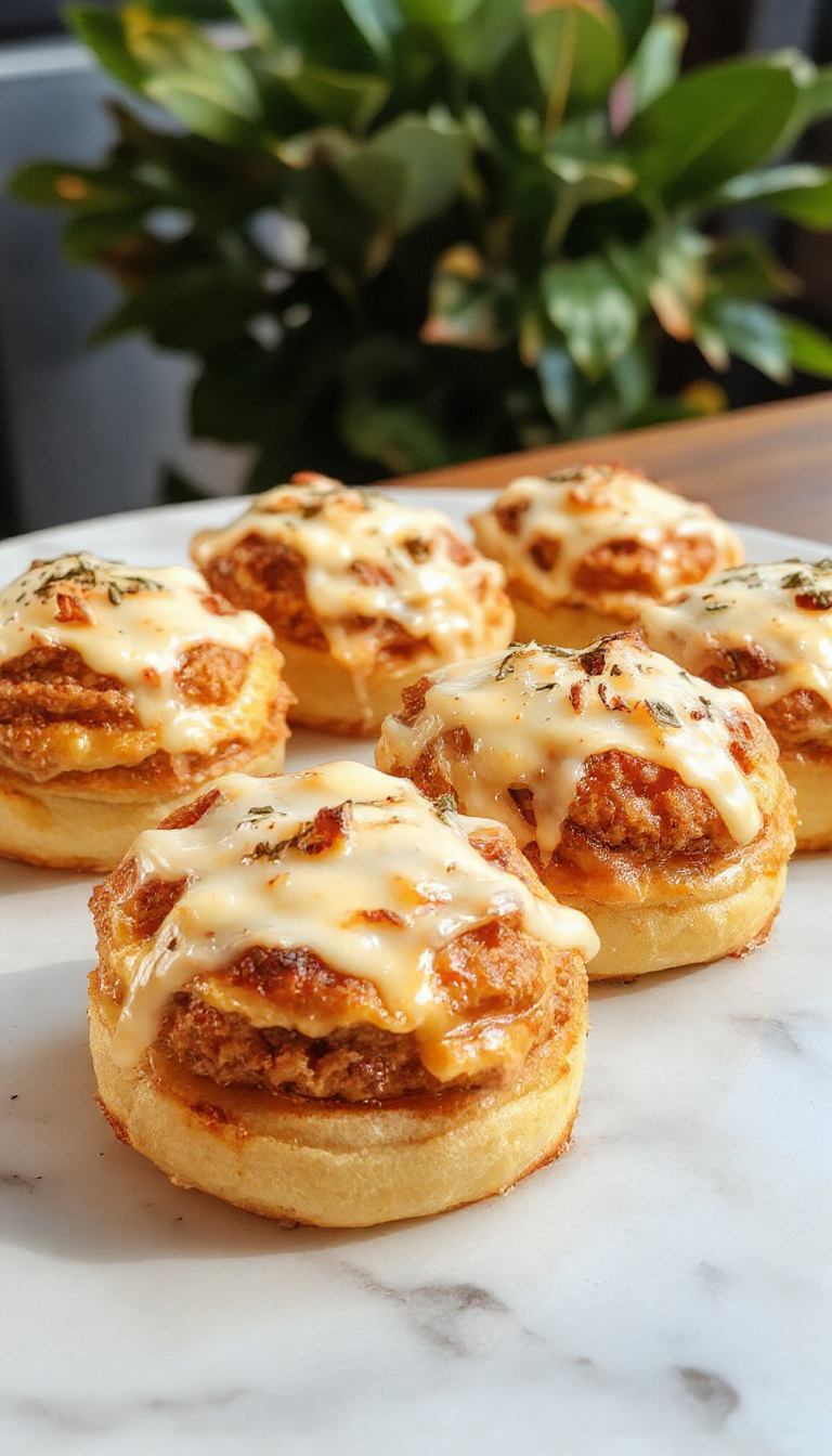 A close-up of golden-brown cheeseburger rollups sliced in half, revealing melted cheese, seasoned ground beef, and garlic butter glaze. The rollups are arranged on a rustic wooden plate, garnished with fresh parsley, with a drizzle of extra garlic butter. The textures look crispy on the outside and gooey inside, with vibrant cheese and savory beef filling bursting out attractively.