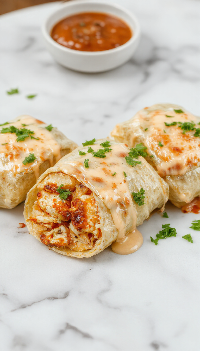 Golden-brown Chicken Wraps filled with melted cheese, fresh garlic, and crisp vegetables, drizzled with herbs on a wooden platter.