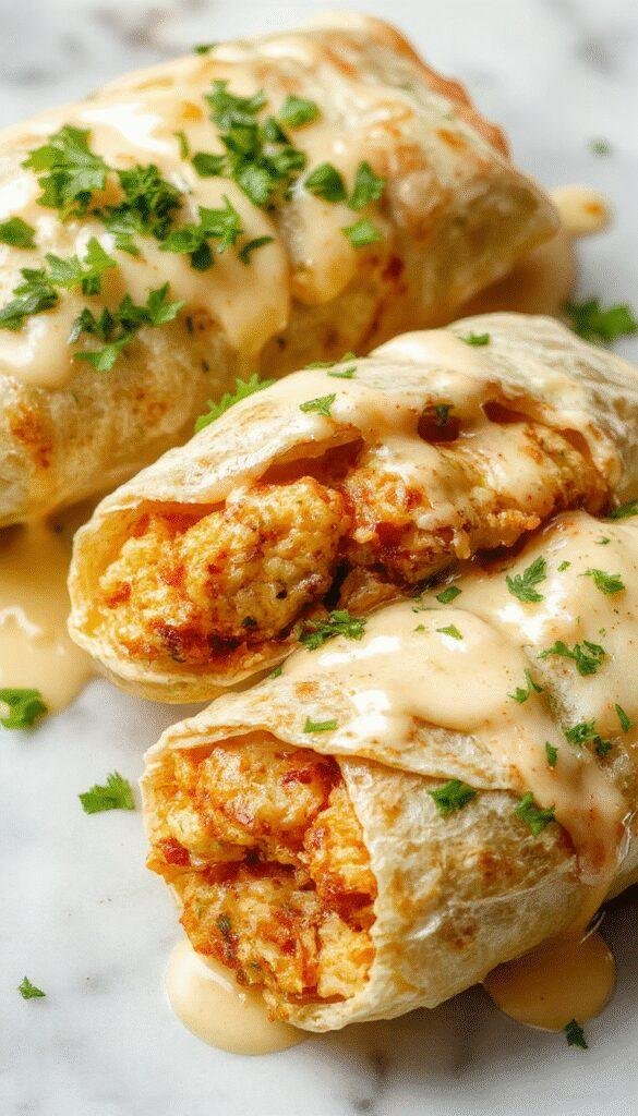 Colorful chicken wraps filled with melted cheese, fresh garlic, and herbs, neatly folded on a white plate with a golden-brown crispy exterior, garnished with chopped parsley and served alongside a small bowl of dipping sauce, styled for a tempting, appetizing presentation.