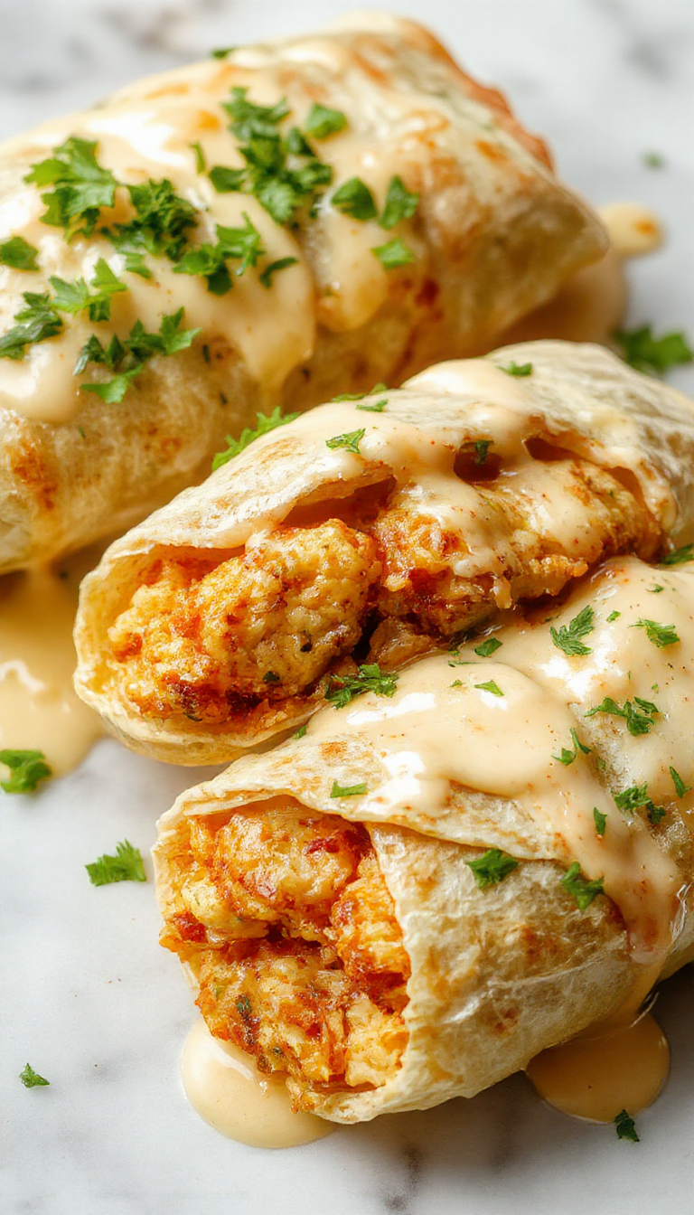 Colorful chicken wraps filled with melted cheese, fresh garlic, and herbs, neatly folded on a white plate with a golden-brown crispy exterior, garnished with chopped parsley and served alongside a small bowl of dipping sauce, styled for a tempting, appetizing presentation.
