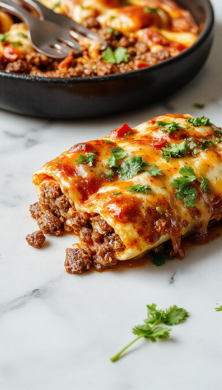 Colorful plated easy cheesy ground beef enchiladas featuring golden melted cheese, vibrant red enchilada sauce, and crispy tortillas garnished with chopped cilantro, served on a rustic white plate with fresh lime wedges in the background.