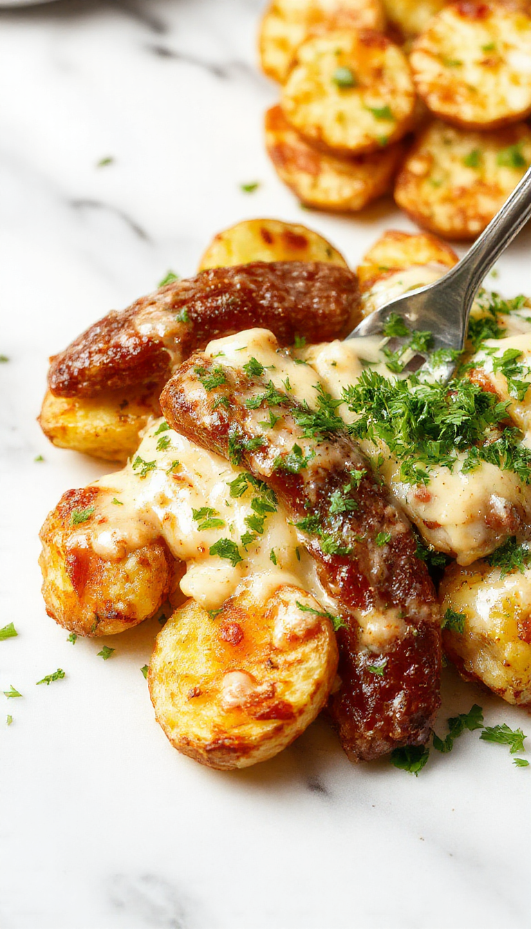 A vibrant plate featuring golden-brown roasted potatoes topped with melted cheese, garnished with fresh herbs, alongside slices of smoked sausage with a smoky exterior. The dish is styled on a rustic wooden table with a side of creamy ranch sauce visible in a small bowl, creating an appetizing and hearty visual.