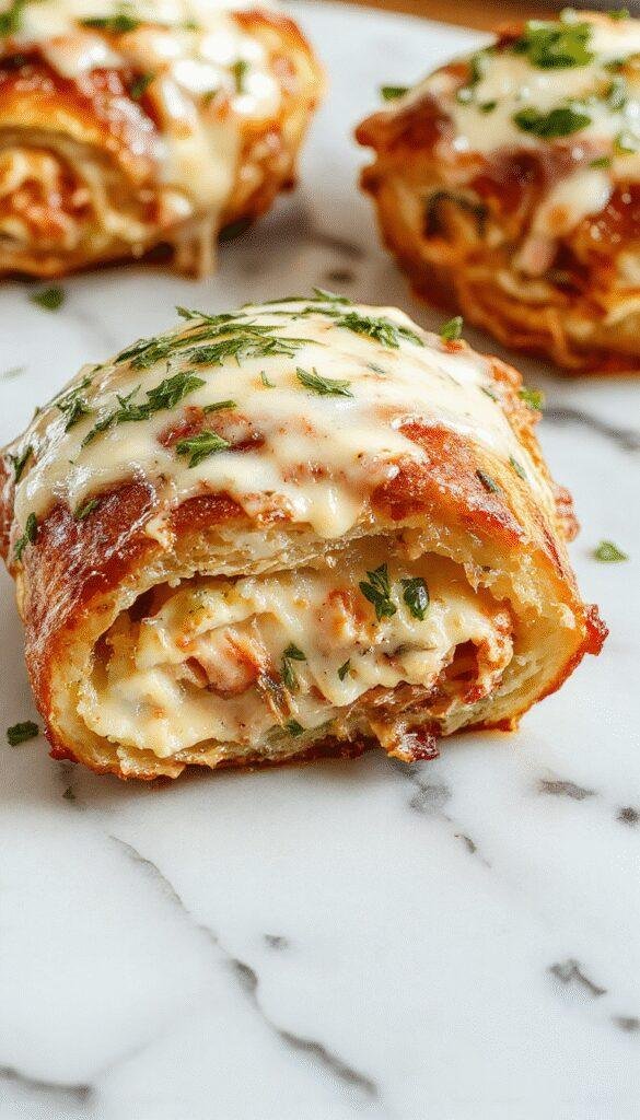 A golden-brown stromboli sliced open showcasing melted cheese, crispy bread exterior, and tender chicken and ham filling, garnished with fresh herbs