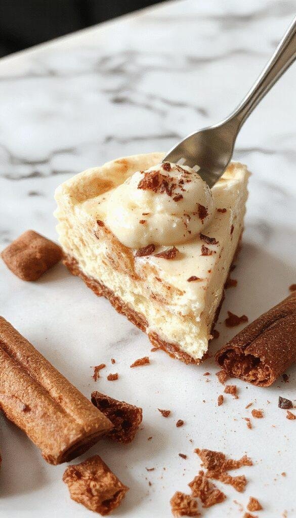 A close-up of a slice of creamy cinnamon cheesecake on a rustic plate, topped with cinnamon dusting and a dollop of whipped cream, with a blurred cinnamon stick and a fresh cinnamon bark in the background, showcasing the rich texture and warm tones.