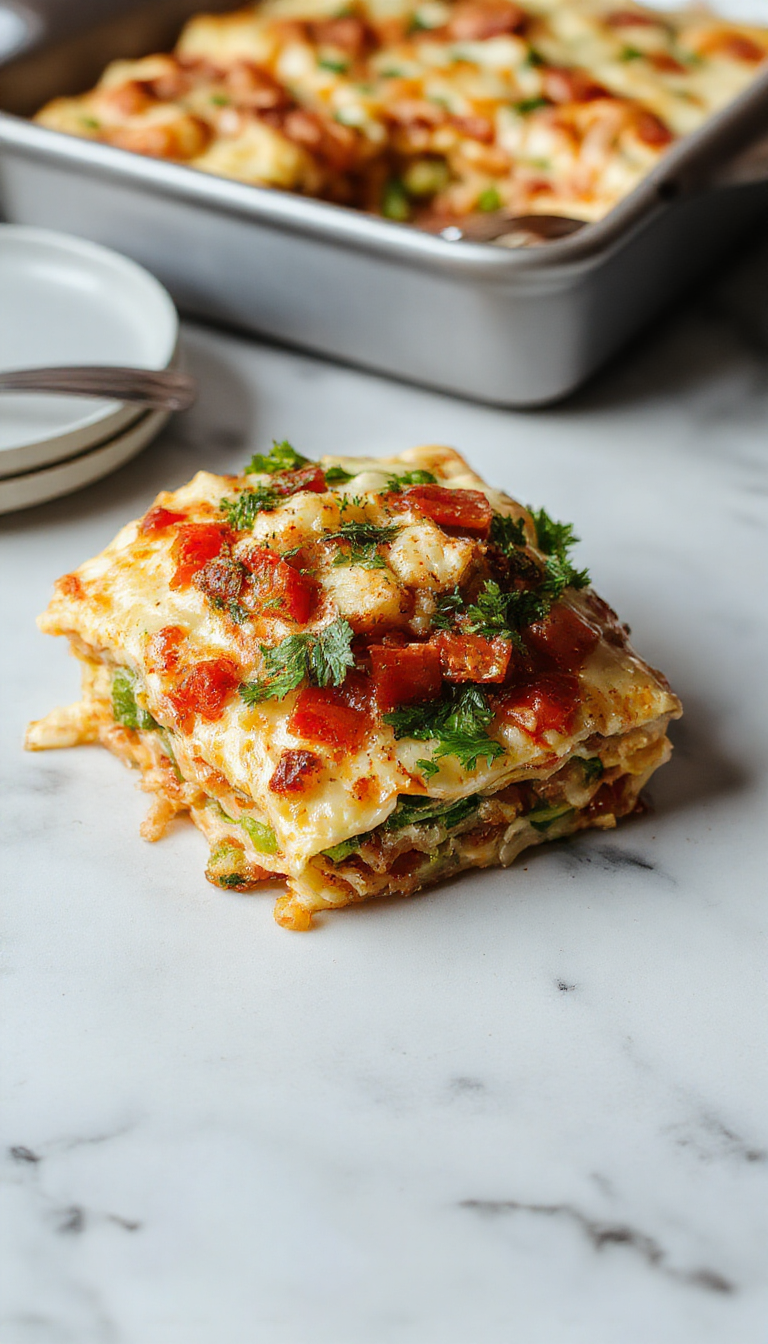 A vibrant white lasagna featuring layers of creamy white sauce, colorful bell peppers, spinach, zucchini, and melted cheese, plated elegantly on a white dish with a sprig of fresh herbs, set against a rustic wooden background with scattered vegetables.
