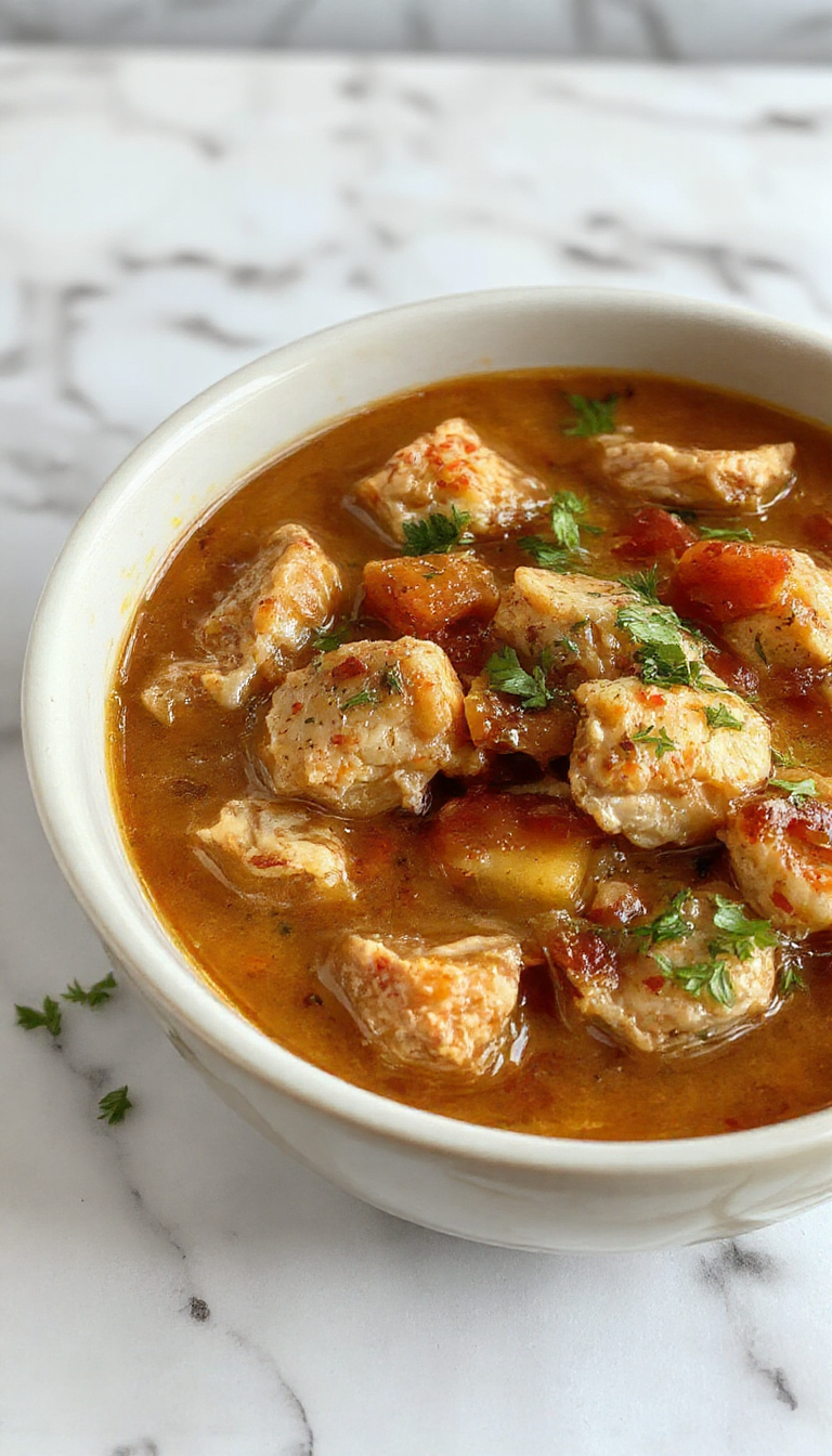 A bowl of warm slow cooker chicken stew featuring tender shredded chicken, vibrant carrots, celery, and potatoes in a savory broth, garnished with fresh herbs, serving on a rustic wooden table