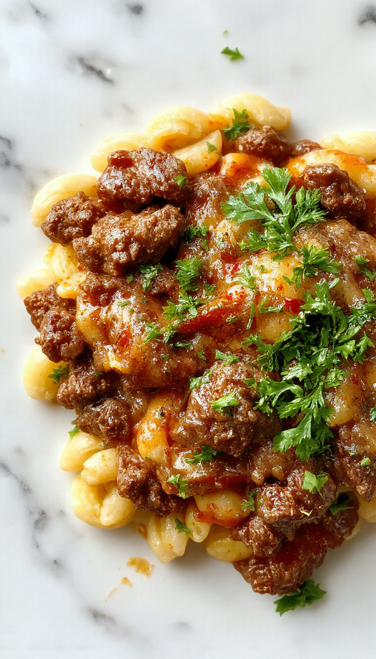 A baked dish featuring seasoned ground beef layered with tender orzo pasta, topped with melted cheese and fresh herbs, served in a rustic ceramic dish.