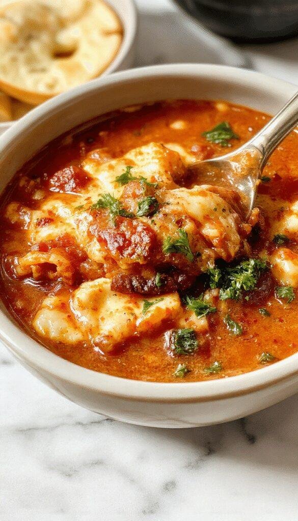 A steaming bowl of slow cooker lasagna soup garnished with fresh basil and grated cheese, served alongside crusty bread.