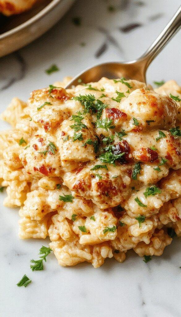A warm bowl of Cozy Creamy Chicken & Rice garnished with herbs, showcasing tender chicken pieces, fluffy rice, and a creamy sauce in a cozy setting.