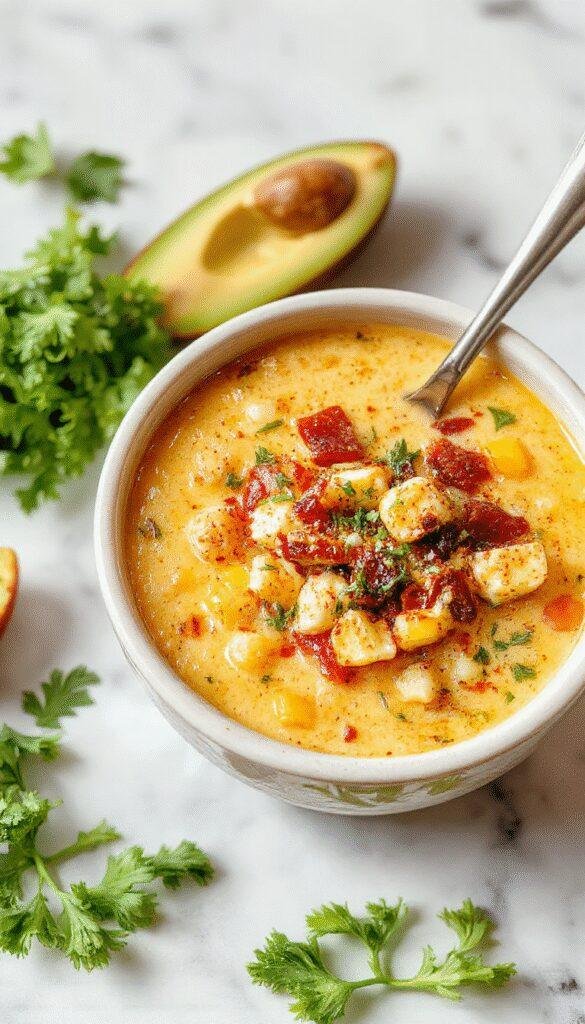 A warm bowl of Cozy Crockpot Mexican Street Corn Soup topped with cilantro, crumbled cheese, and lime wedges, served with corn chips on the side.