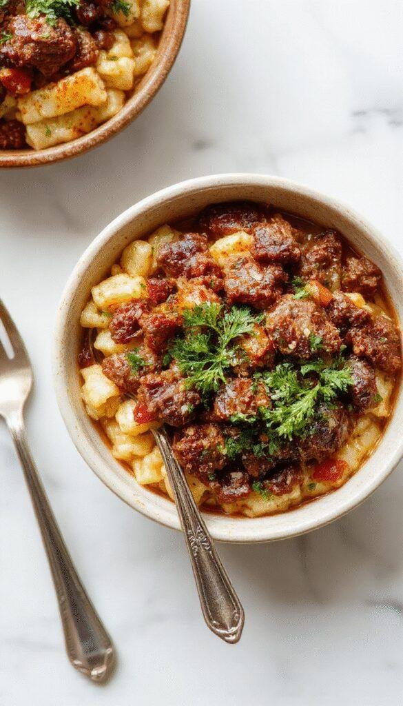 A vibrant plate of ground beef orzo featuring golden-brown seasoned ground beef mixed with tender orzo pasta, garnished with fresh herbs, served in a rustic bowl on a wooden table with a cozy background.