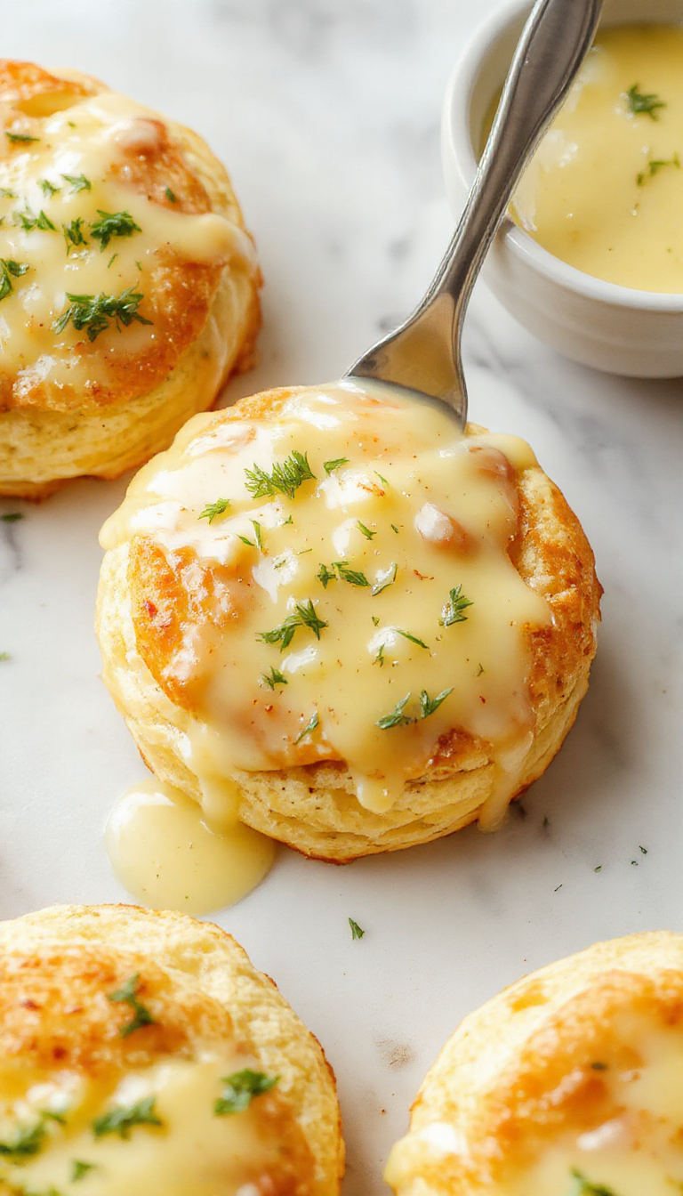 A golden-brown cheddar bay biscuit filled with flaky crab meat, topped with a sprig of parsley, served alongside a small bowl of vibrant yellow lemon butter sauce, all on a rustic wooden table with a soft-focus background highlighting the crispy textures and inviting presentation.