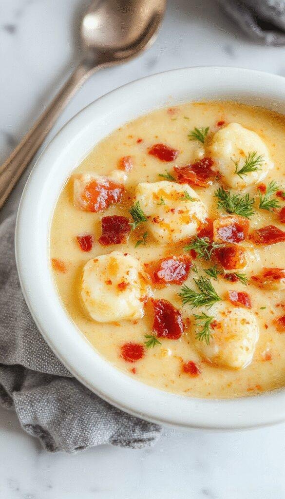 A bowl of creamy bacon cheddar gnocchi soup garnished with crispy bacon pieces and shredded cheddar cheese, served on a rustic wooden table with fresh herbs and spoon, showcasing a rich, velvety texture with golden-brown gnocchi and vibrant green herbs.