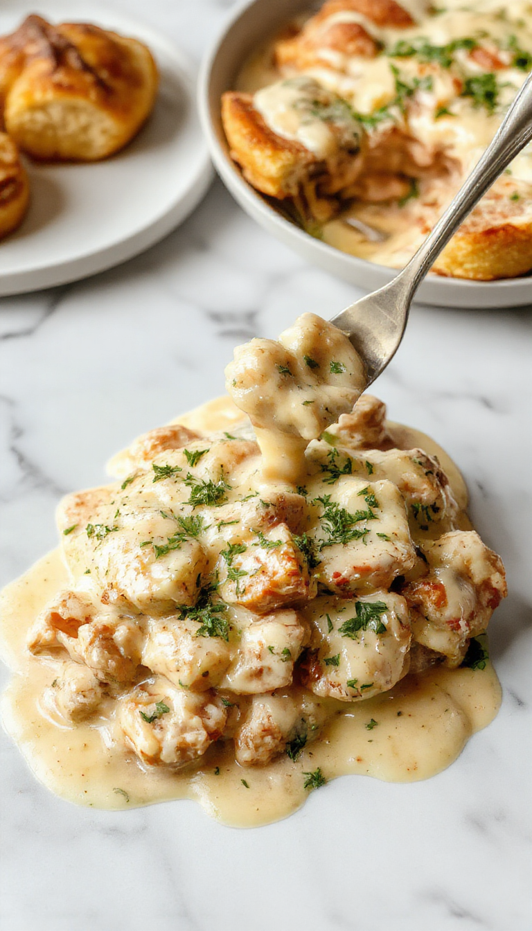 A close-up of a creamy baked chicken stroganoff plated in a white bowl with tender chicken strips, savory mushroom slices, and a rich sauce garnished with fresh parsley, set against a rustic wooden table with a spoon resting nearby.
