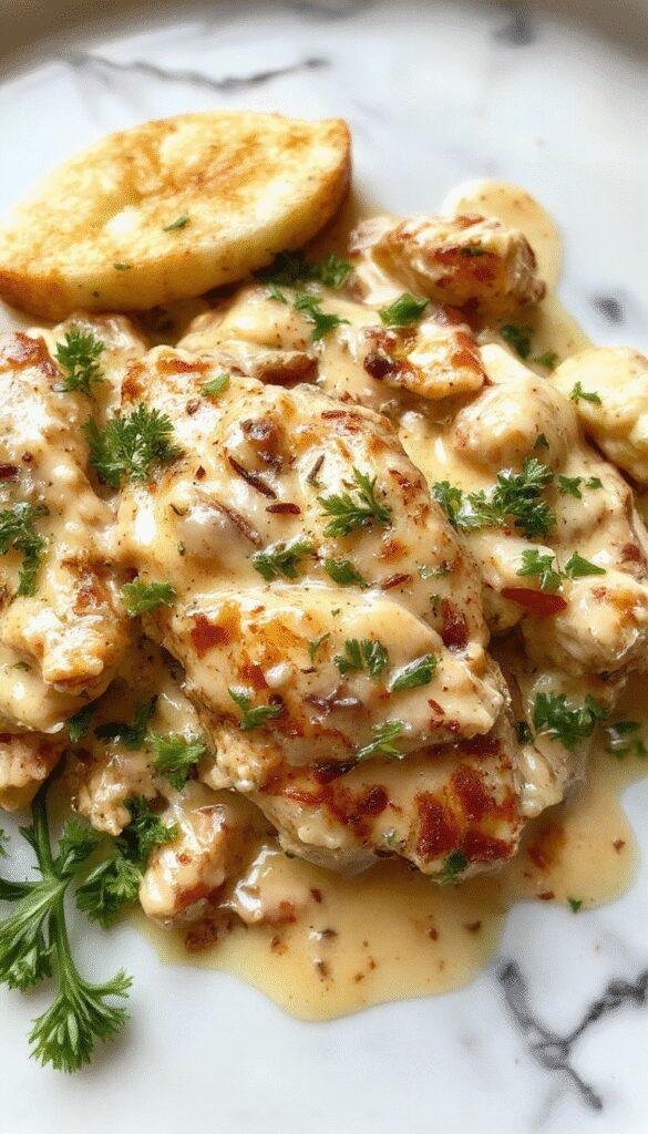 A close-up of a creamy chicken stroganoff served in a white bowl, showcasing tender shredded chicken, mushroom slices, and a rich, velvety sauce garnished with chopped parsley, with a rustic wooden table background and a spoon scooping out some of the dish.