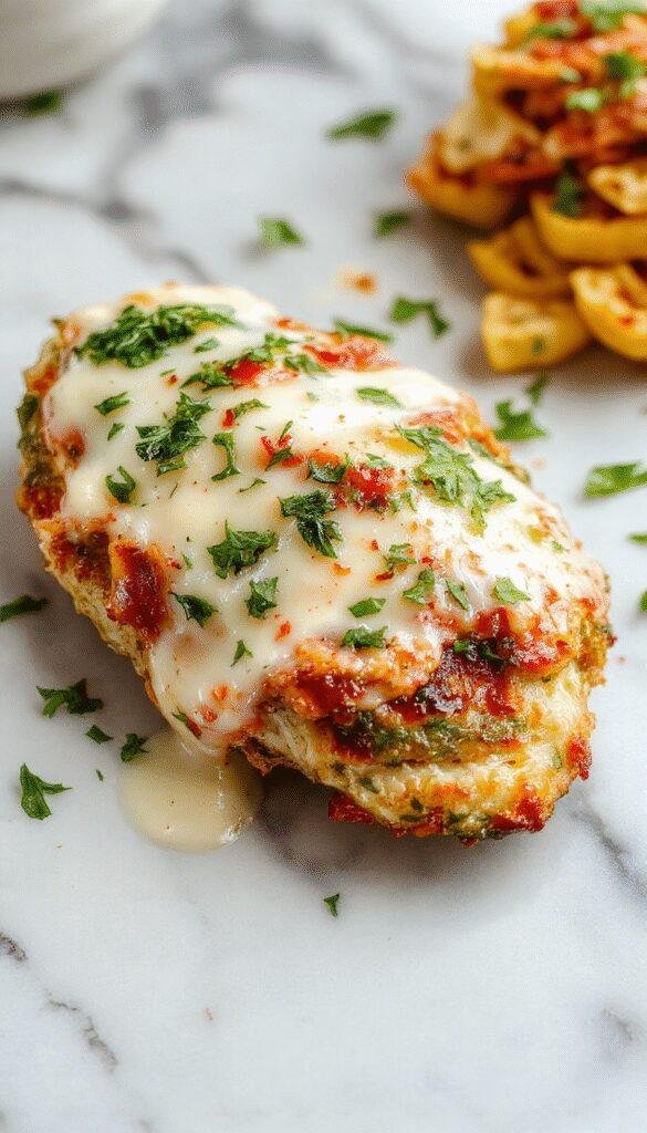 A close-up of a beautifully plated Mozzarella Chicken in Basil Cream Sauce featuring golden-brown crispy chicken topped with melted mozzarella cheese and garnished with fresh basil leaves. The dish is served on a white elegant plate with a rich, creamy green basil sauce drizzled artfully around the chicken, enhancing the vibrant colors and textures.