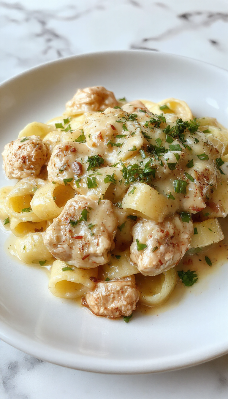 Creamy Boursin Chicken Pasta serving on a white plate garnished with herbs, showcasing tender chicken pieces in a rich, cheesy sauce.