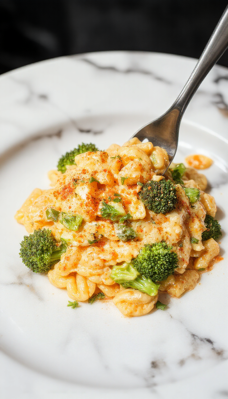 A vibrant bowl of creamy broccoli cheddar orzo featuring tender green broccoli florets and melted golden cheese, garnished with fresh herbs, served in a rustic white dish with a side of crusty bread, set on a wooden table with natural lighting.