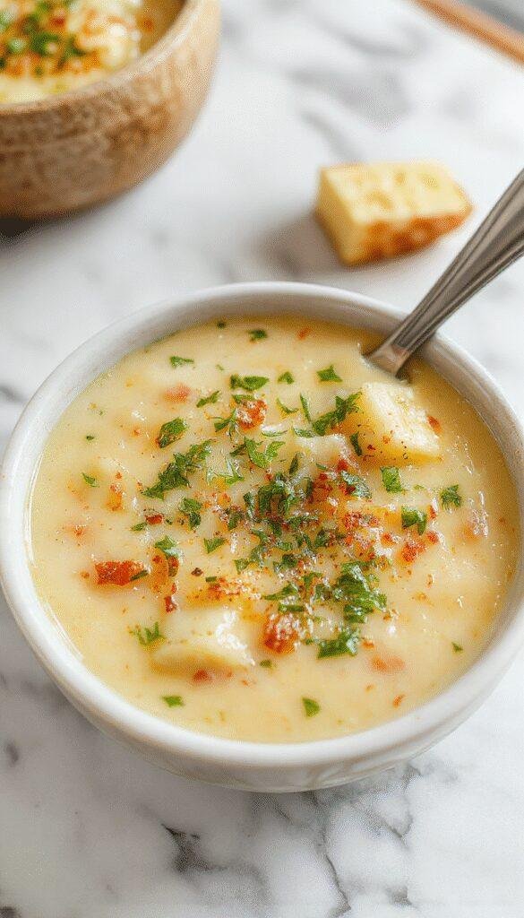 A steaming bowl of creamy potato soup topped with melted cheddar cheese, fresh herbs, and garlic croutons, served with a rustic spoon and a sprig of parsley, vibrant colors highlighting the golden broth, chunky potatoes, and melted cheese textures, styled on a cozy table setting with warm lighting.