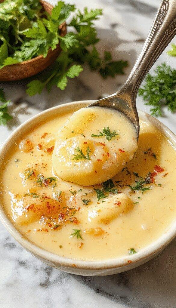 A vibrant bowl of creamy cheddar garlic herb potato soup garnished with fresh herbs, melted cheese, and crumbled bacon on top, served with crusty bread on a rustic wooden table, showcasing smooth textures and colorful toppings.