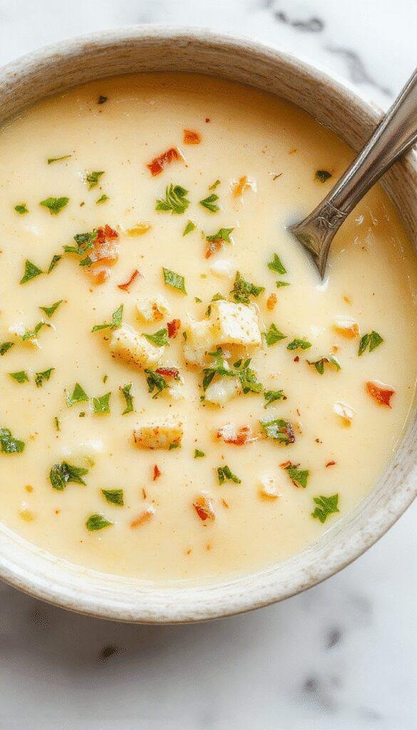 A bowl of creamy cheddar garlic herb potato soup topped with melted cheese, fresh herbs, and crispy bacon bits on a rustic wooden table, with a side of crusty bread and a sprinkle of herbs, showcasing vibrant golden and green hues, with a velvety texture apparent in a steaming presentation.