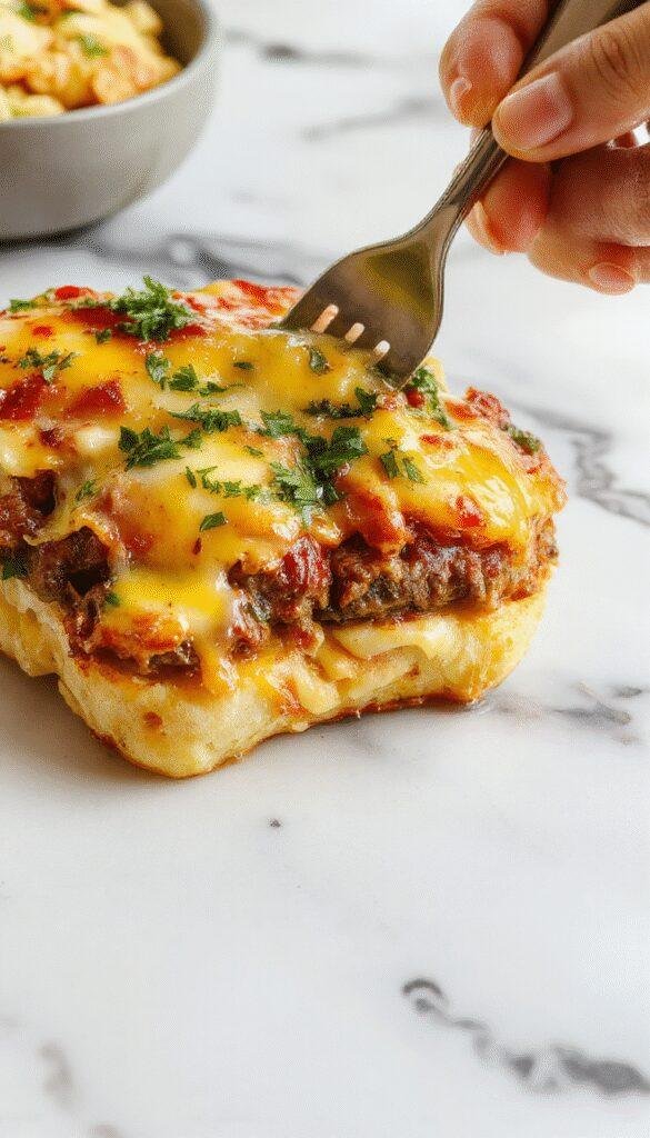 Vibrant cheeseburger orzo skillet with melted cheese topping, crispy browned ground beef, orange and yellow bell peppers, green herbs, served in a rustic skillet with a sprinkle of fresh parsley, showcasing a colorful, cheesy, hearty comfort food dish.