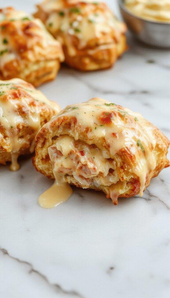 A close-up shot of golden-brown crescent rolls spilling open to reveal melted cheese and tender shredded chicken inside, garnished with fresh herbs on a rustic wooden platter.