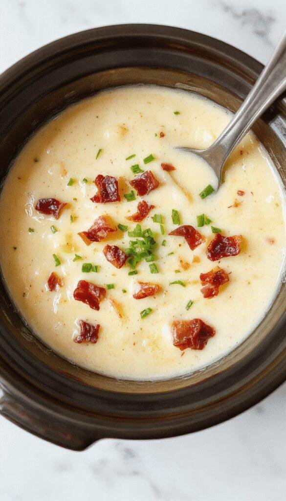 A comforting bowl of creamy potato soup topped with crispy bacon, shredded cheese, chopped chives, and a dollop of sour cream. The soup is served in a rustic white bowl on a wooden table with fresh ingredients and a spoon, showcasing its rich, cheesy, and hearty texture with visible chunks of potatoes and melted cheese.
