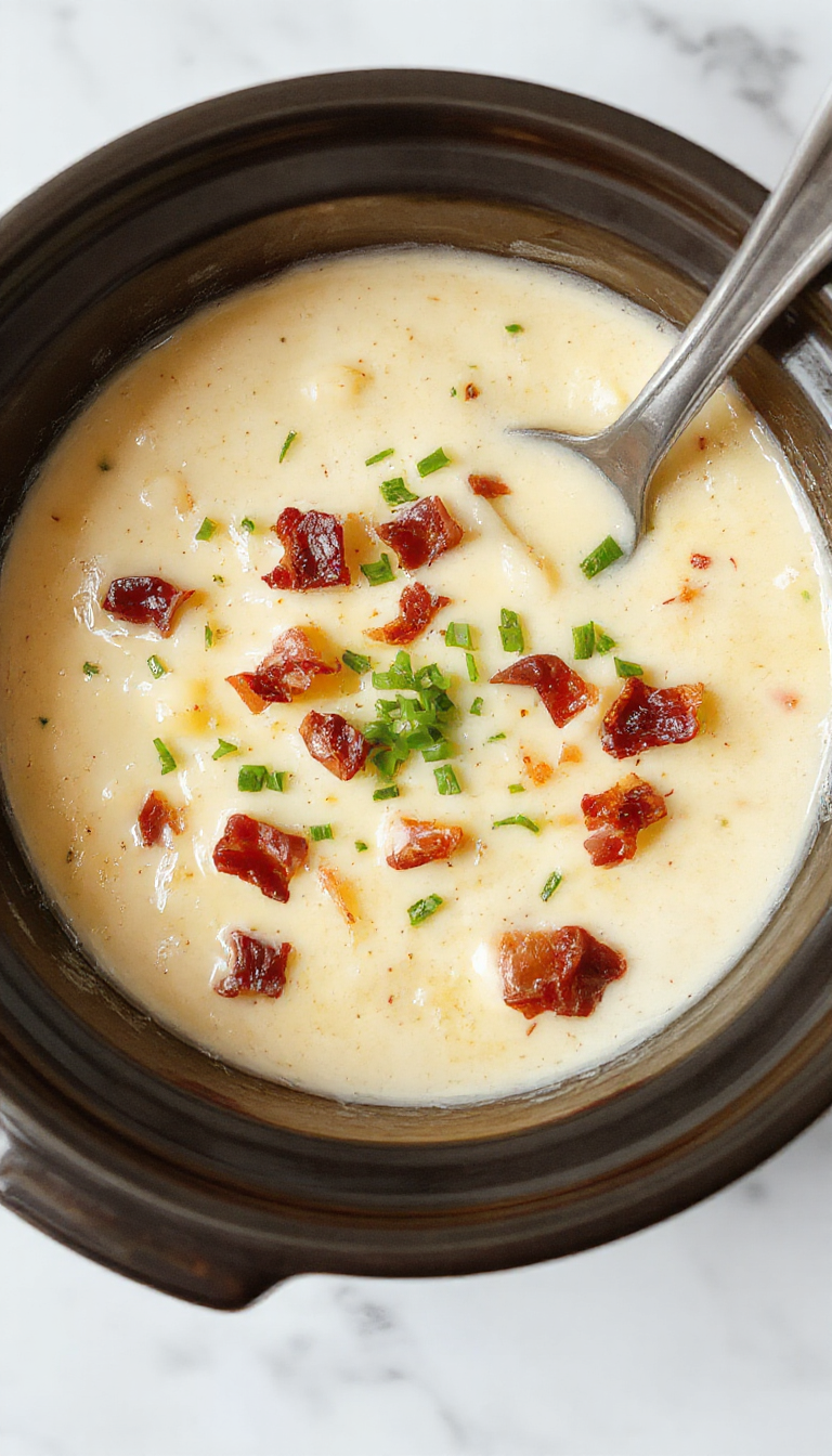 A comforting bowl of creamy potato soup topped with crispy bacon, shredded cheese, chopped chives, and a dollop of sour cream. The soup is served in a rustic white bowl on a wooden table with fresh ingredients and a spoon, showcasing its rich, cheesy, and hearty texture with visible chunks of potatoes and melted cheese.
