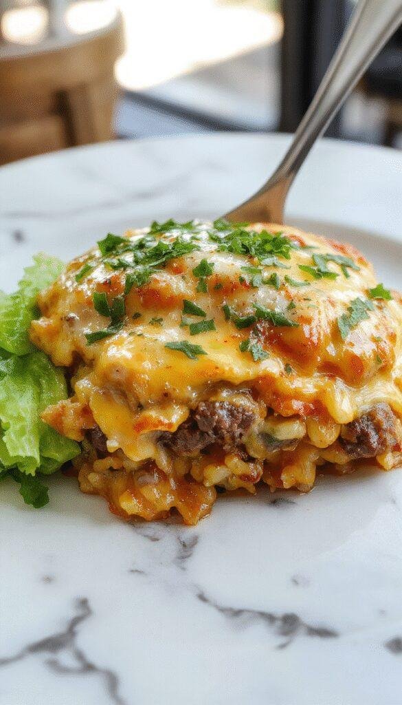 A vibrant and inviting casserole dish with golden melted cheese on top, showcasing seasoned ground beef, fluffy rice, and bubbling cheese, garnished with chopped parsley on a rustic wooden table.