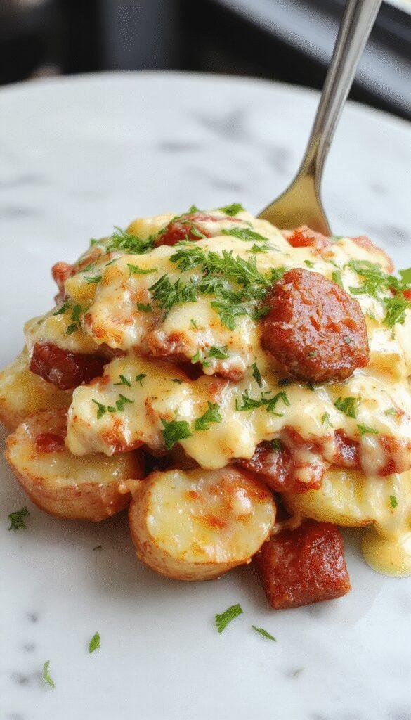 A close-up of a rustic white serving dish filled with creamy baked potatoes topped with melted cheese, fresh chopped herbs, and slices of smoked sausage, set against a wooden table with a fork resting on the side, vibrant colors highlighting the cheesy textures and savory sausage.