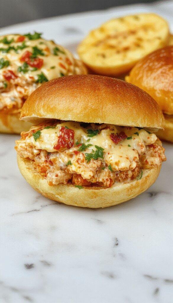 A vibrant plate featuring a creamy Chicken Alfredo Sloppy Joe sandwich with tender shredded chicken coated in rich Alfredo sauce, nestled in a toasted bun. The sandwich is garnished with chopped parsley and served alongside crispy potato chips on a rustic wooden table, with a fork and napkin for a homely, inviting presentation.