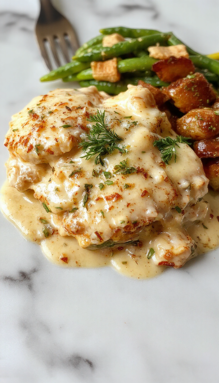 A creamy Chicken Alfredo pasta dish served on a white plate, topped with chopped parsley and grated Parmesan cheese, with a side of garlic bread.