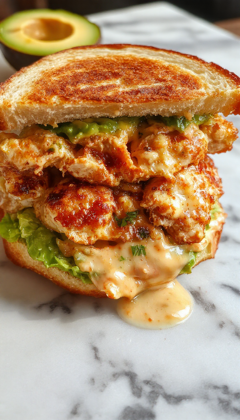 A delicious melt sandwich filled with creamy chicken and ripe avocado, sizzling with melted cheese on toasted bread