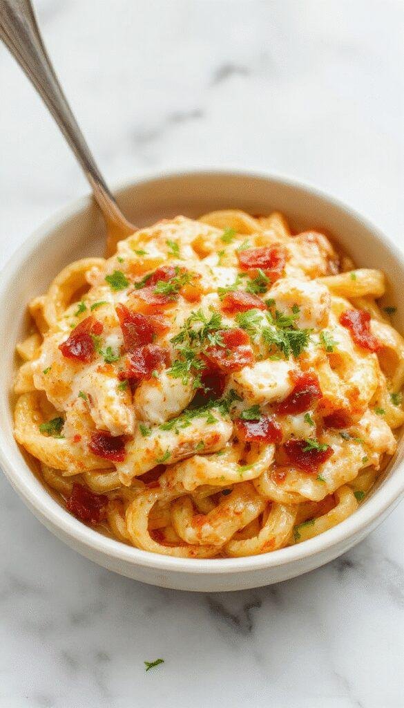 A close-up of a creamy pasta dish featuring tender pieces of chicken, crispy bacon bits, and melted cheese, garnished with chopped green herbs, served in a white bowl with a creamy sauce background