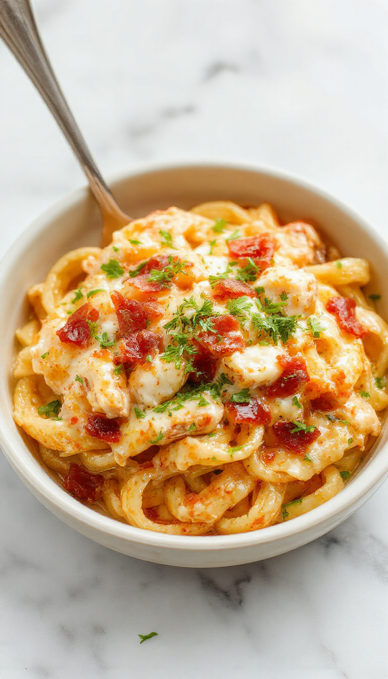 A close-up of a creamy pasta dish featuring tender pieces of chicken, crispy bacon bits, and melted cheese, garnished with chopped green herbs, served in a white bowl with a creamy sauce background