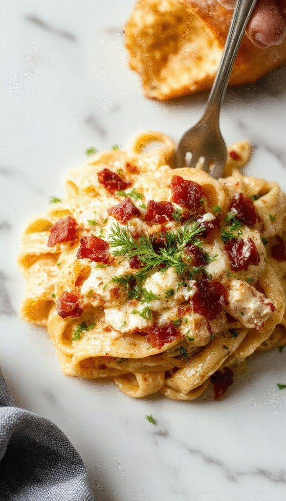 A plate of creamy chicken bacon ranch pasta topped with crispy bacon and fresh herbs, served on a rustic wooden table.
