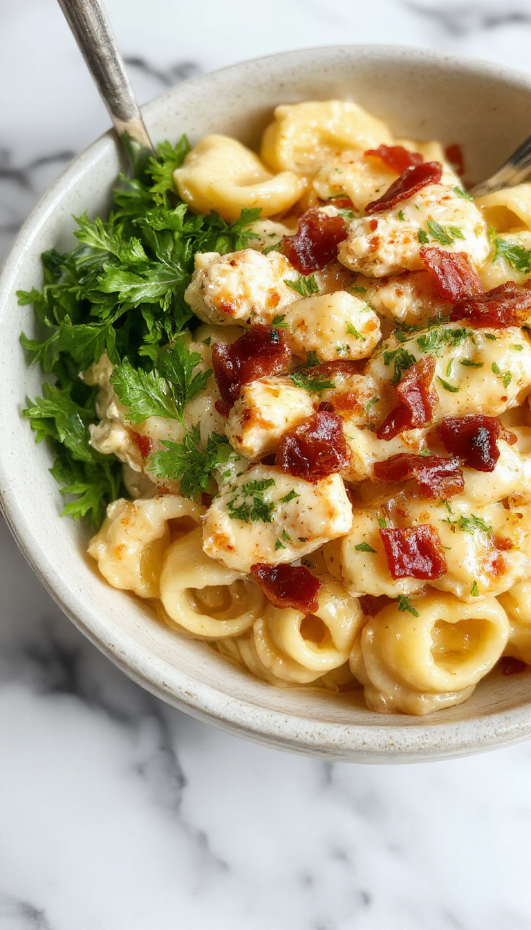 A vibrant plate of creamy chicken bacon ranch pasta showcases al dente pasta coated in a smooth, creamy white sauce with crispy bacon bits, tender chicken pieces, and fresh chopped herbs, garnished with a sprinkle of shredded cheese on a white ceramic plate styled with rustic wooden background and colorful vegetables nearby.