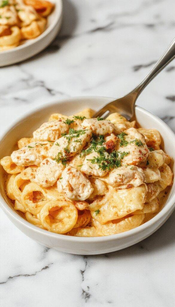 A vibrant plate of creamy buttered chicken noodles featuring tender golden chicken pieces atop steaming, al dente noodles coated in a glossy buttery sauce. The dish is garnished with fresh herbs and served on a rustic white plate with a side of colorful vegetables, with a blurred background emphasizing warm, inviting tones.