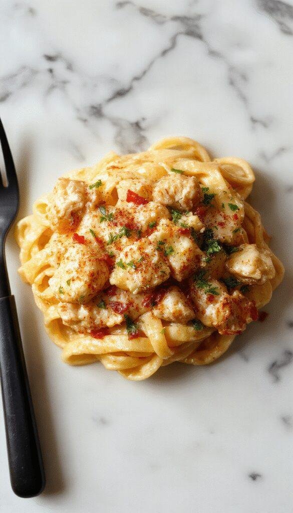 A close-up of a white plate filled with creamy buttered chicken noodles, garnished with chopped parsley. The noodles are golden and coated in a rich buttery sauce, with tender chicken pieces intermingled. The background features a rustic wooden table, with a sprig of parsley and a sprinkle of black pepper for added visual appeal.