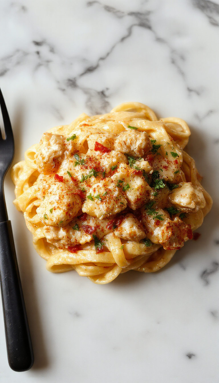 A close-up of a white plate filled with creamy buttered chicken noodles, garnished with chopped parsley. The noodles are golden and coated in a rich buttery sauce, with tender chicken pieces intermingled. The background features a rustic wooden table, with a sprig of parsley and a sprinkle of black pepper for added visual appeal.
