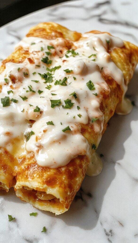 Colorful plate of chicken enchiladas topped with golden melted cheese, drizzled with smooth white sour cream sauce, garnished with fresh cilantro, set on a rustic wooden table with vibrant vegetables on the side