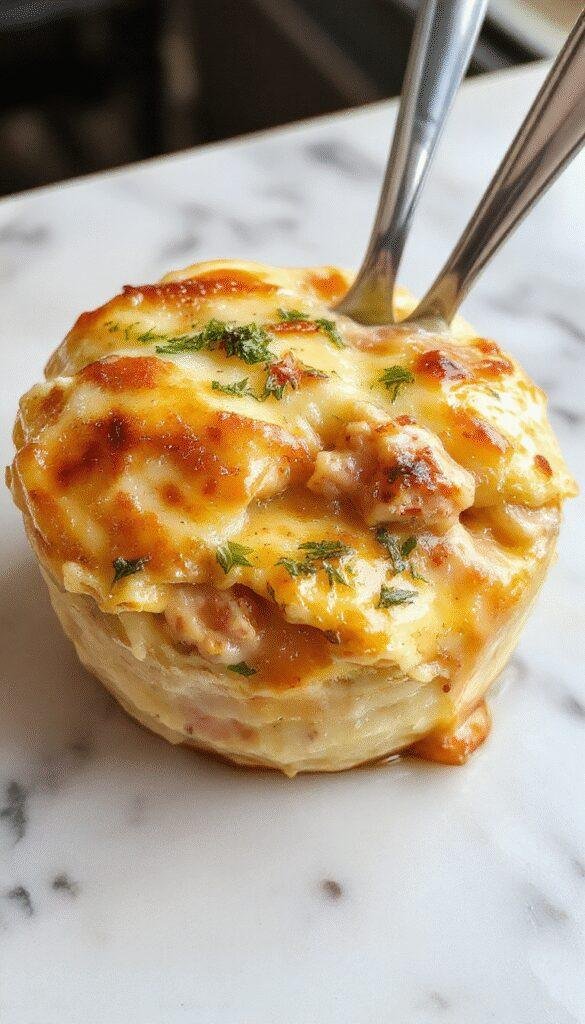 A vibrant plate of chicken pot pie pasta featuring tender chunks of chicken, golden flaky topping, and creamy sauce with colorful vegetables, garnished with herbs, styled on a rustic wooden table