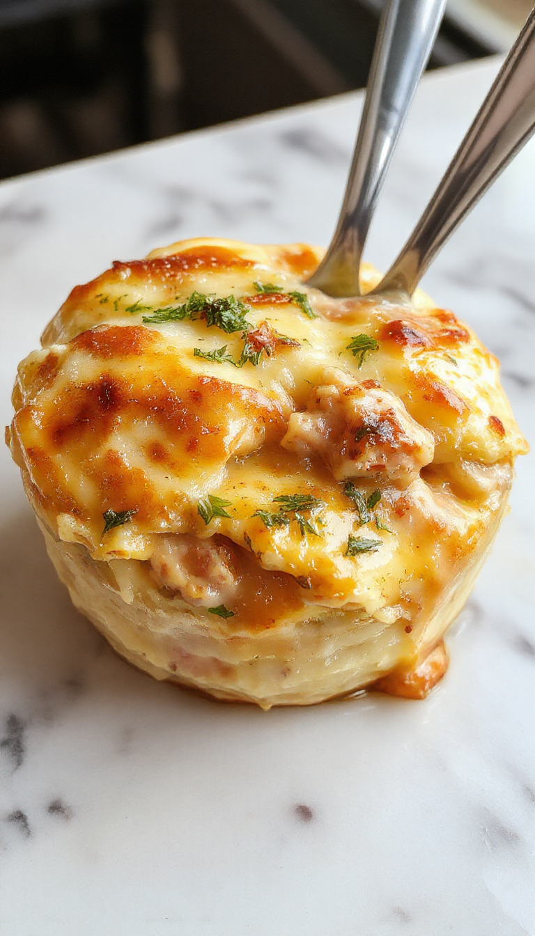 A vibrant plate of chicken pot pie pasta featuring tender chunks of chicken, golden flaky topping, and creamy sauce with colorful vegetables, garnished with herbs, styled on a rustic wooden table