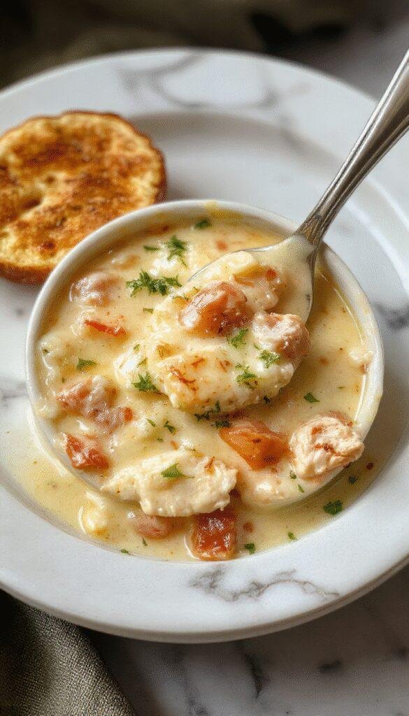A bowl of creamy chicken pot pie soup garnished with chopped parsley and flaky pie crust crumbles, vibrant orange carrots, tender chicken pieces, and a drizzle of cream, served on a rustic wooden table with fresh herbs and a spoon beside it.