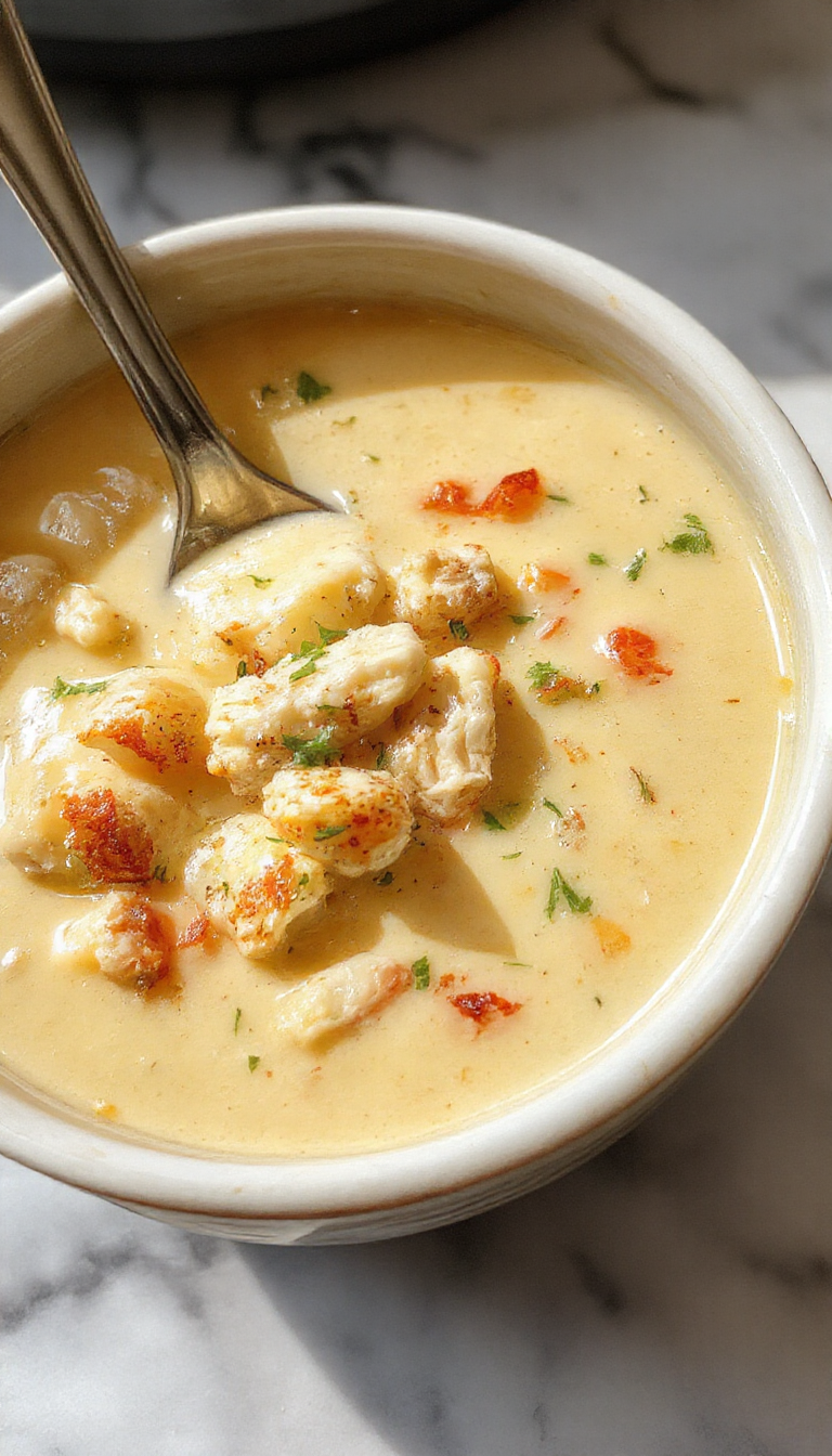 A warm bowl of creamy chicken pot pie soup topped with flaky pastry crumbles, garnished with fresh herbs, served on a rustic wooden table with a spoon and napkin, highlighting the rich, inviting textures and golden hues of the soup and toppings.