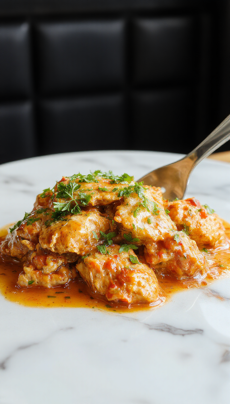 A vibrant bowl of chicken tikka masala featuring tender grilled chicken pieces coated in a rich, creamy, deep orange sauce, garnished with fresh cilantro, served alongside warm naan bread on a rustic wooden platter with colorful spices scattered around