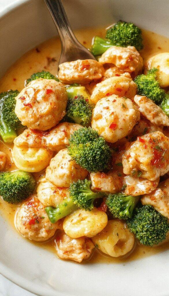 A vibrant plate of creamy chicken tortellini garnished with fresh broccoli florets, topped with grated Parmesan cheese, served on a white plate with a wooden background, colorful ingredients and a creamy sauce create an appetizing and textured presentation.