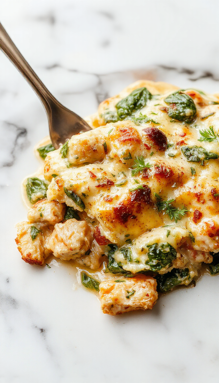 A vibrant creamy chicken and spinach casserole served in a rustic white dish, topped with melted cheese and fresh spinach leaves, with golden-brown edges, set on a wooden table with a side of crusty bread and garnished with herbs.